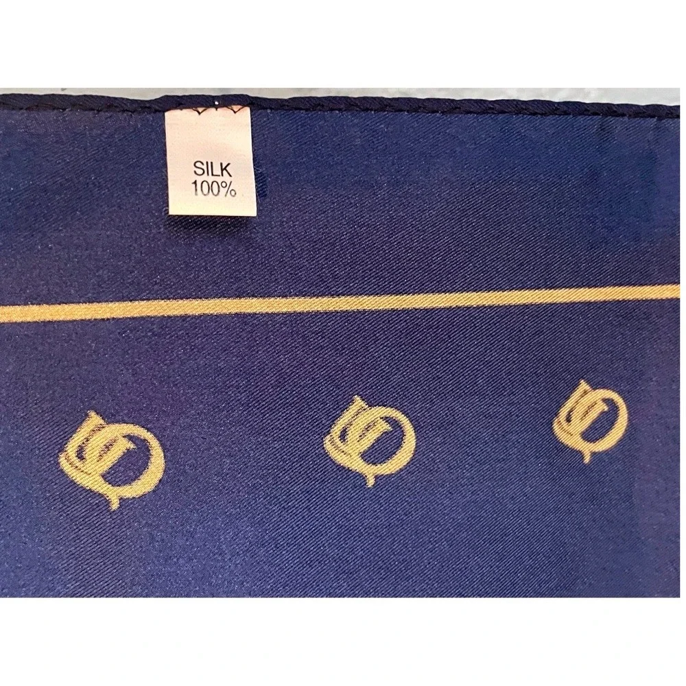 Vtg Designer 100% Silk Scarf Navy Gold Monogrammed Pocket Square Mens Accessory